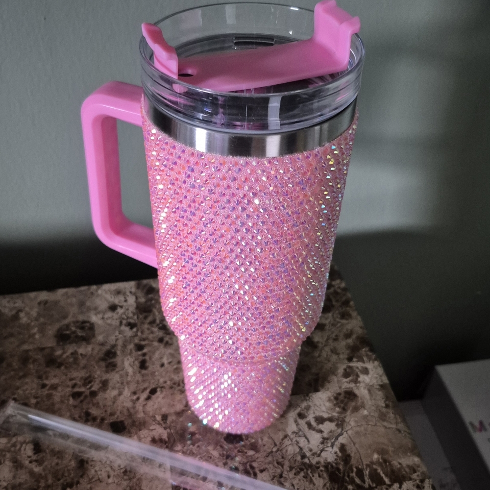 Rhinestone Glitter Bling 40oz tumbler w/Handle & Straw- Stainless Steel NIB - Picture 4 of 5